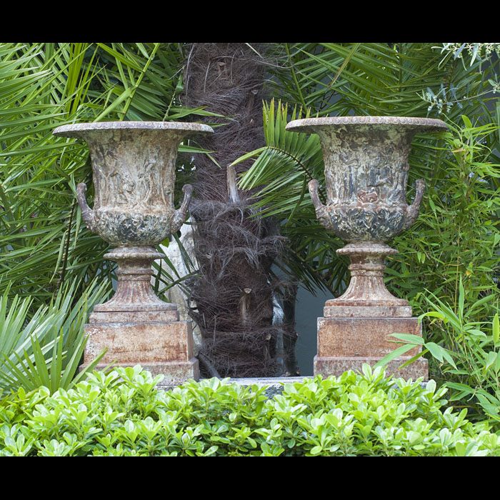 Antique Cast Iron Pair of Borghese Urns
