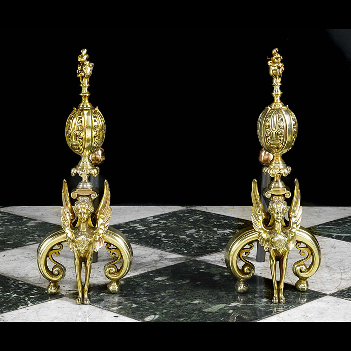 Highly Ornate Pair of Tall Brass Andirons