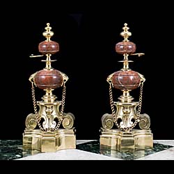 A Pair of Brass & Marble Antique Chenets 