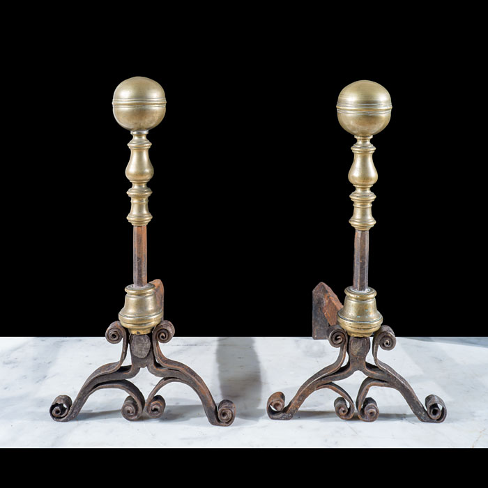 French 17th century Brass and Wrought Iron Andirons 